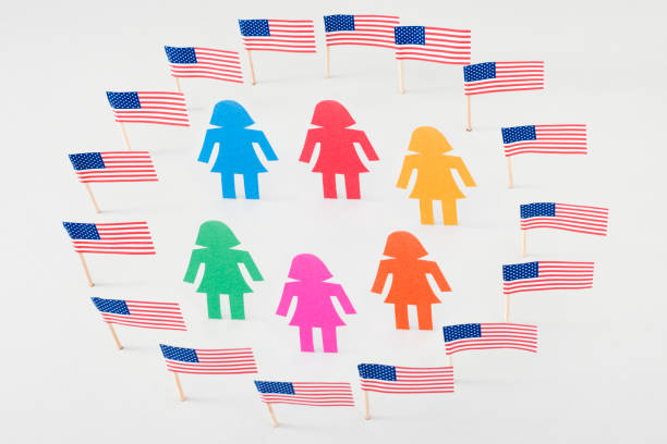istock Multicolored women in american flags circle 656314666