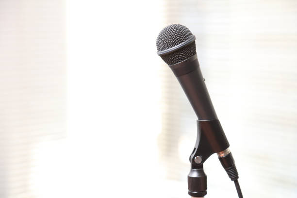 istock Close up old microphone in conference room 656315070