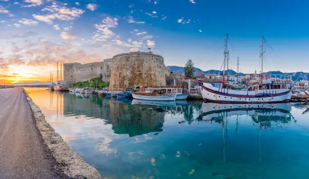 Kyrenia old harbour and castle view in Northern Cyprus. Kyrenia is populer tourist destination in Northern Cyprus.