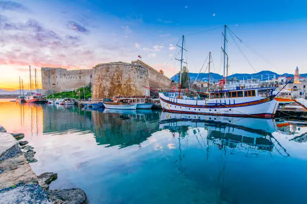 Kyrenia old harbour and castle view in Northern Cyprus. Kyrenia is populer tourist destination in Northern Cyprus.