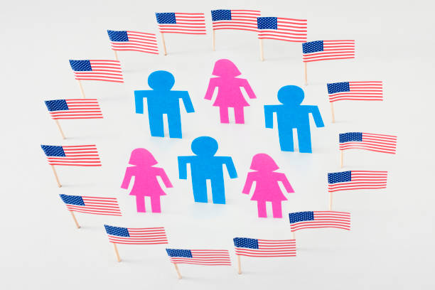 istock Men and women in american flags circle 656325656