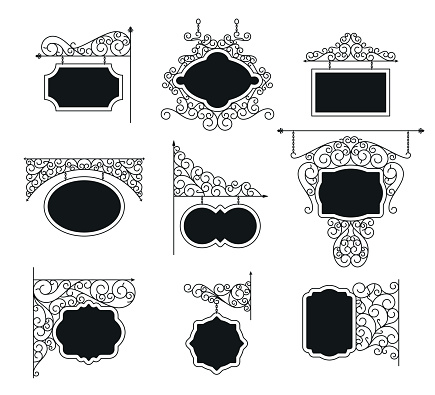 Forged metal signboards set. Linear design. Vector outline illustration isolated on white.