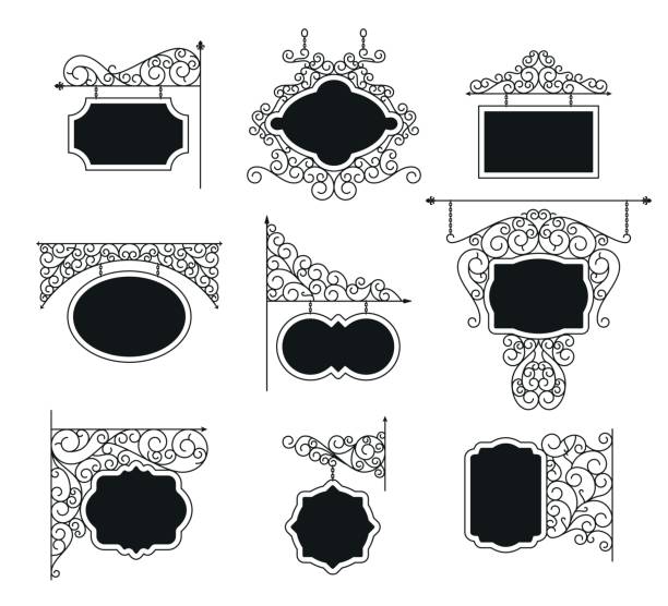 Forged metal signboards set. Linear design. Vector outline illustration isolated on white. Forged metal signboards set. Linear design. Vector outline illustration isolated on white. mirror object patterns stock illustrations