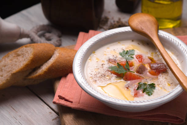 istock Soup puree with salmon in a ceramic bowl on a napkin 656333254