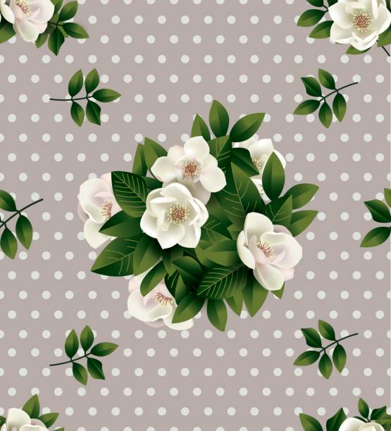 illustrazioni stock, clip art, cartoni animati e icone di tendenza di elegante motivo vettoriale floreale senza cuciture con bouquet primaverili. magnolia in fiore - magnolia bloom