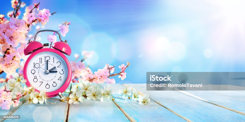 Spring Farward Time - Savings Daylight Concept Clock Alarm On Table With Blossoms Cherry Spring Forward - Short Phrase Stock Photo