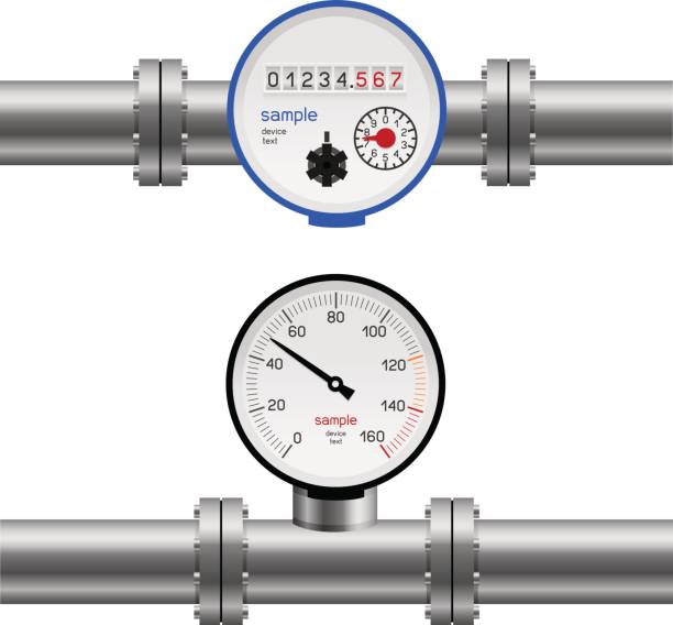 water pipe pressure meter Pressure gauge water in pipe. Pump measure device set collection. Industry meter instrument gauge pressure gauge pipe valve stock illustrations