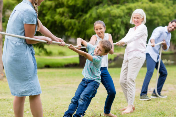 istock Multi-generation family pulling a rope in tug of war 656339258