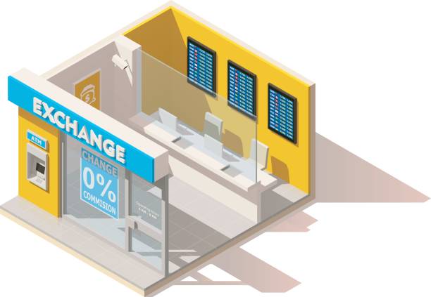 Vector isometric low poly currency exchange Vector isometric low poly currency exchange interior exchange teller stock illustrations