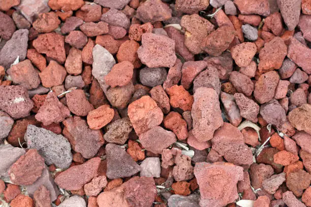Many medium and small volcanic red rocks all together on the ground being used as ground cover. Red volcanic rocks ground cover background close-up outside in the day.
