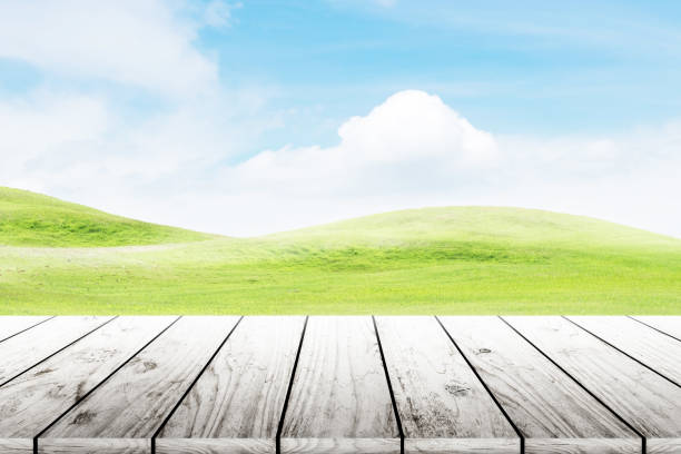 istock Wood table top on mound slope green grass natural background. 656349346