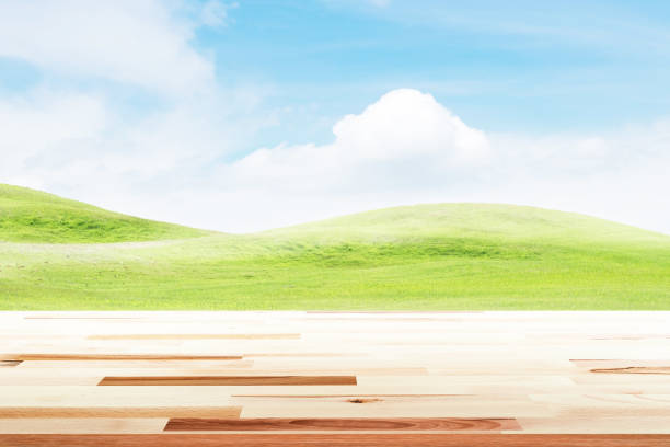 istock Wood table top on mound slope green grass natural background. 656349516
