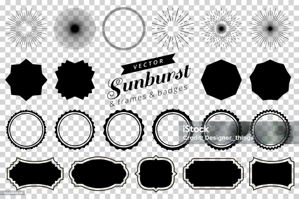 Sammlung von Retro-Sunburst Hand gezeichnet, platzende Strahlen Designelemente. Rahmen, Abzeichen - Lizenzfrei Blendenfleck Vektorgrafik
