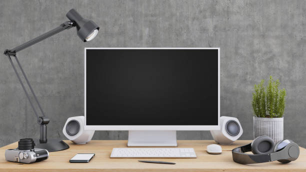 istock Large PC monitor on a desk business template 656354586