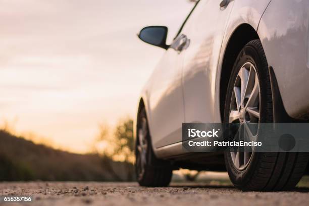 Countryside Road And Car Stock Photo - Download Image Now - Car, Tire - Vehicle Part, Wheel