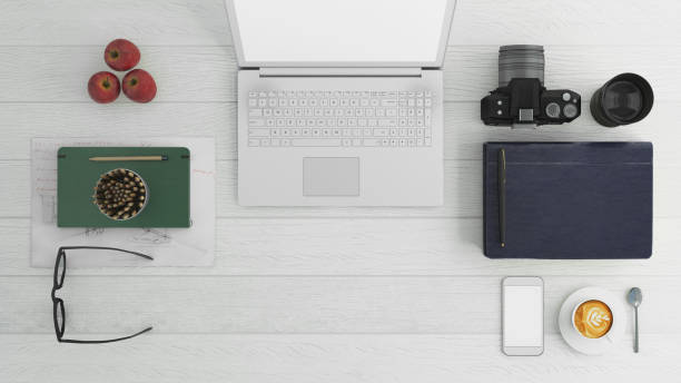 istock Knolling business desk top view template 656360158