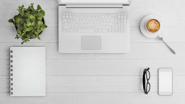 istock Knolling business desk top view template 656362296