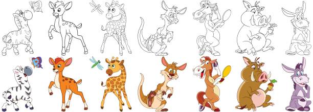 zestaw zwierząt z kreskówek - mule deer stock illustrations