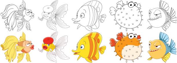 cartoon underwater fishes set Cartoon underwater animals set. Goldfish, butterfly fish, puffer fish or fugu, piranha. Coloring book pages for kids. orange piranha stock illustrations