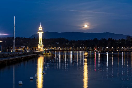 Lighthouse in Geneva at Night, Switzerland