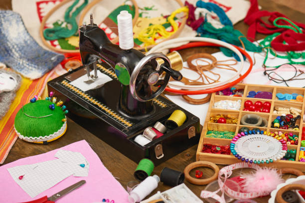 istock sewing accessories top view, seamstress workplace, many object for needlework, embroidery, handmade and handicraft 656378528