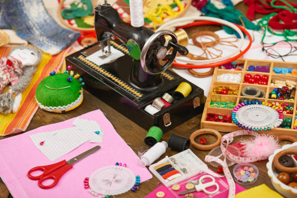 istock sewing accessories top view, seamstress workplace, many object for needlework, embroidery, handmade and handicraft 656380650