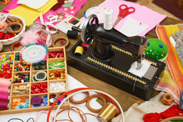 istock sewing accessories top view, seamstress workplace, many object for needlework, embroidery, handmade and handicraft 656380718
