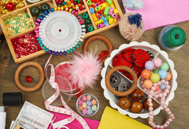 istock sewing accessories top view, seamstress workplace, many object for needlework, embroidery and handicraft 656381256