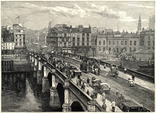 мост брумиелоу, глазго (викторианская гравюра) - 19th century style urban scene horizontal sepia toned stock illustrations