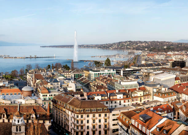 geneva at sunset, лейк-дженевское, швейцария - geneva canton стоковые фото и изображения