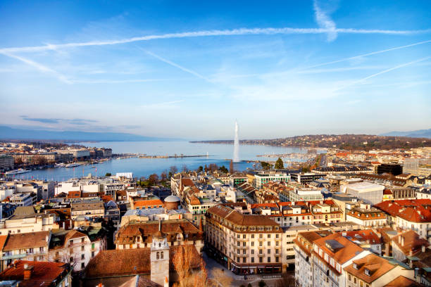 Lake Geneva from Above, Geneva, Switzerland Aerial view of Geneva, Lake Geneva with famous fountain Jet d´Eau are seen in the background, Switzerland, 50 megapixel image. geneva switzerland photos stock pictures, royalty-free photos & images