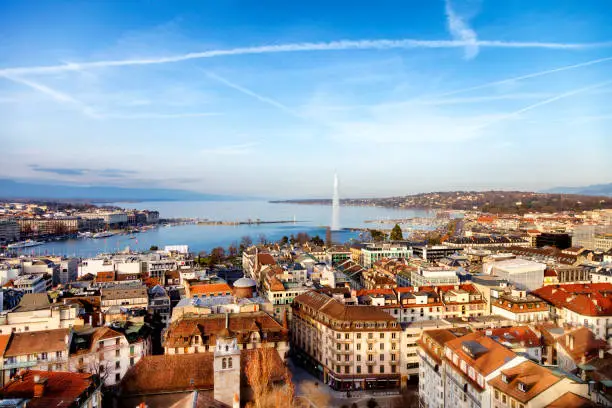 Aerial view of Geneva, Lake Geneva with famous fountain Jet d´Eau are seen in the background, Switzerland, 50 megapixel image.