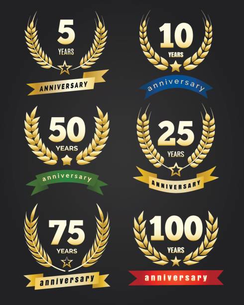Anniversary golden banners Anniversary golden banners. Traditional logo set with wreaths, ribbons and years numbers red crown logo stock illustrations