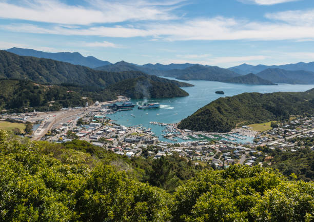 Picton harbour and Queen Charlotte Sound aerial view of Picton harbour and Queen Charlotte Sound in New Zealand picton new zealand stock pictures, royalty-free photos & images