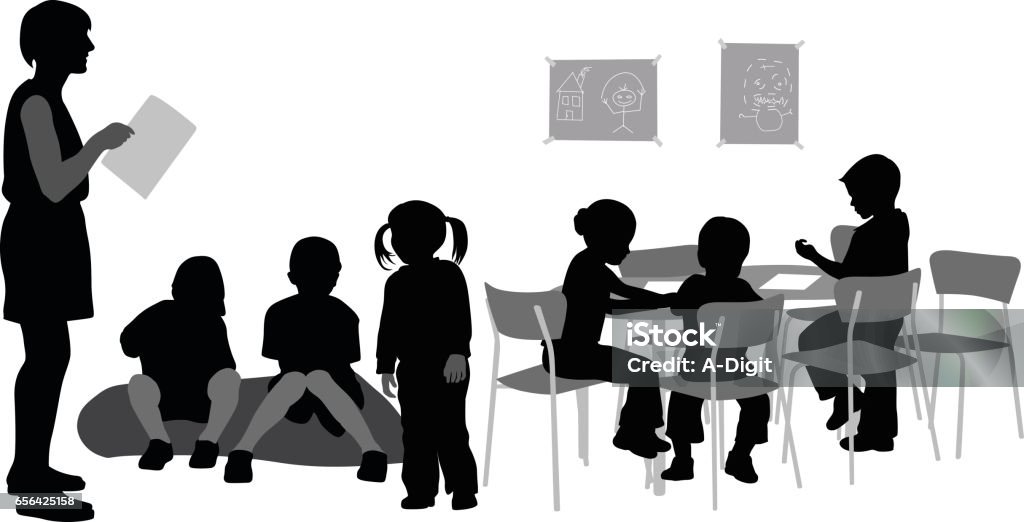 Kindergarten Teacher A vector silhouette illustration of a teacher reading to her kindergarden classroom full of young students sitting on a cushion and at a table with one young girl standing. In Silhouette stock vector