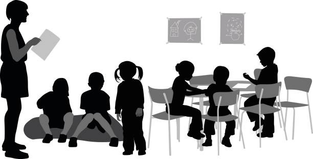 Kindergarten Teacher A vector silhouette illustration of a teacher reading to her kindergarden classroom full of young students sitting on a cushion and at a table with one young girl standing. child misbehaving stock illustrations