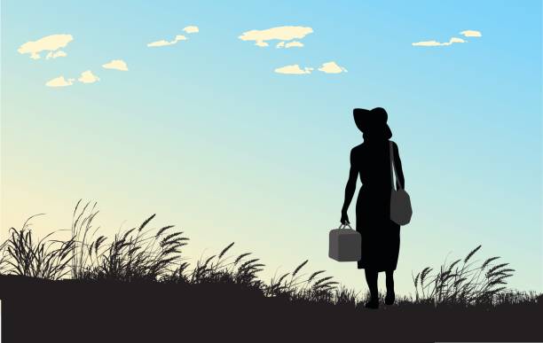 New Beginnings A vector silhouette illustration of a woman standing alone in a grassy field carrying a purse and a luggage case wearing a sun hat infront of a blue sky with white clouds. journey silhouettes stock illustrations