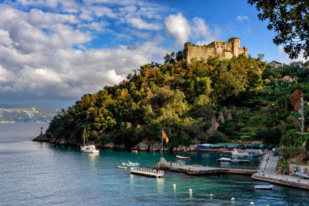 Ruins of castle, located on a hill near Portofino town Old medieval castle, located on a hill near harbor of Portofino town, Italy portofino stock pictures, royalty-free photos & images