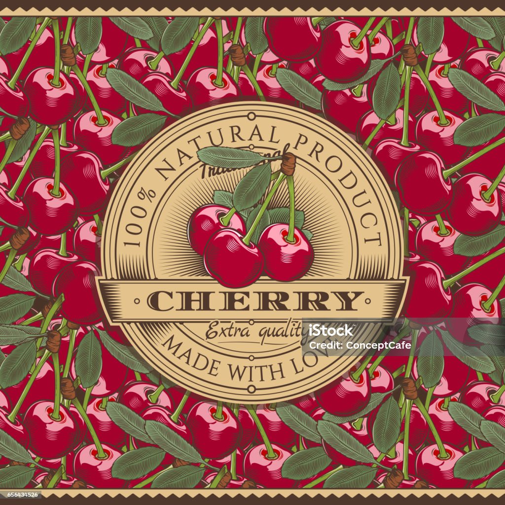 Cherry Labeled Vintage Cherry Label On Seamless Pattern Stock Illustration - Download ...