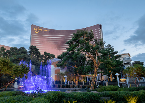 Las Vegas, Nevada, USA - December, 2016: Fountains in front of Wynn Hotel and Casino at sunset