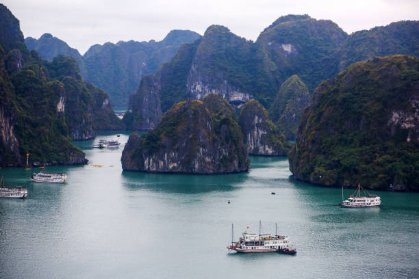 piękny widok na zatokę halong, wietnam, wpisane na listę światowego dziedzictwa unesco, malowniczy widok na wyspy, azja południowo-wschodnia - halong bay vietnam bay cruise zdjęcia i obrazy z banku zdjęć