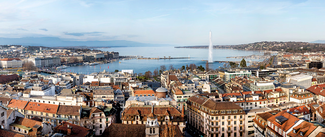 Aerial view of Geneva, Lake Geneva with famous fountain Jet d´Eau are seen in the background, Switzerland, 97 megapixel image, horizontally stitched composition.