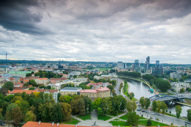 Modern city overview at dusk from above gediminas tower,Vilnius, Lithuania, Europe