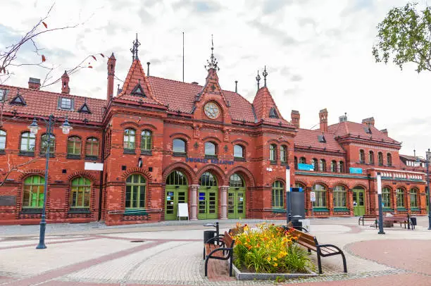 Facade view of Railway station building (Dworzec Kolejowy) in Malbork city, Poland