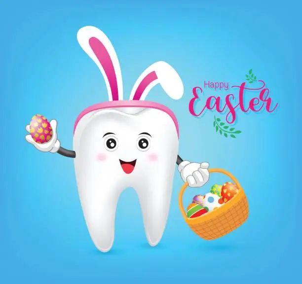 Vector illustration of Bunny tooth character with basket of Easter eggs.