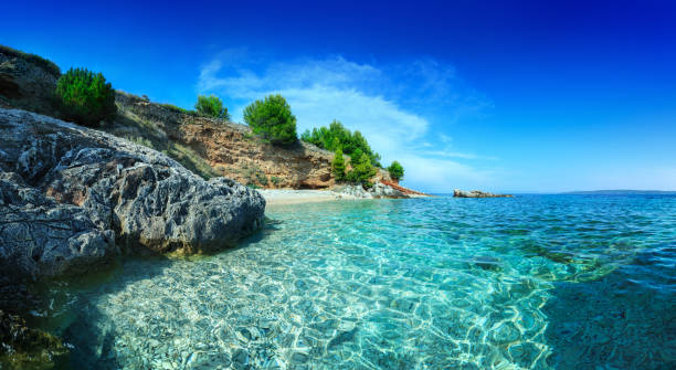 Mediterranean Sunny Beach, crystal clear water in Adriatic Sea stock photo