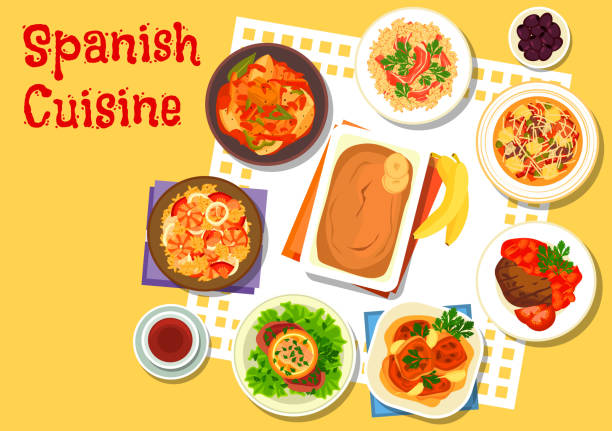 spanische meeresfrüchte und fleisch-gerichte-symbol - schnitzel food directly above plate stock-grafiken, -clipart, -cartoons und -symbole