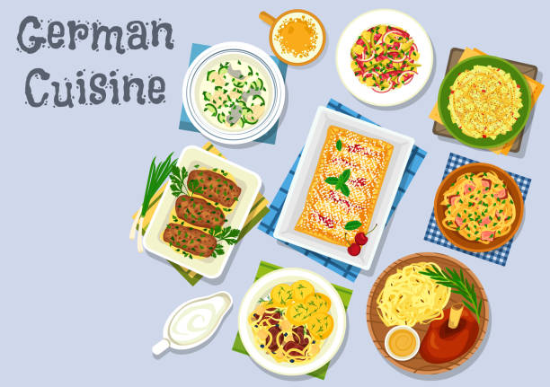 deutsche küche-abendessen mit bier und nachtisch-symbol - kartoffelknödel essen stock-grafiken, -clipart, -cartoons und -symbole