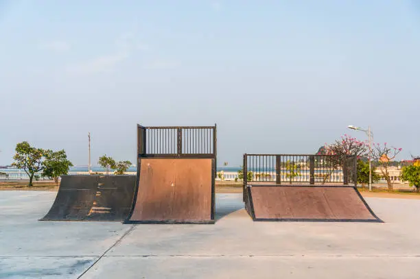 playground for practicing skateboarding or adventrure sport in public park at sriracha, chonburi, thailand