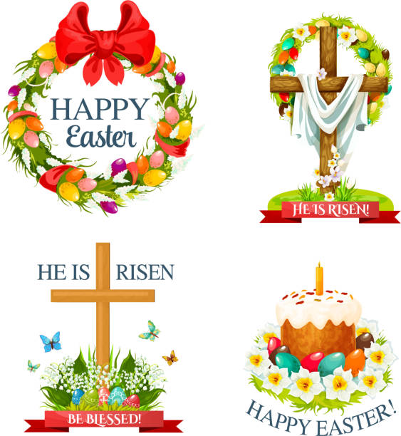 Vector paschal Easter isolated icons set Easter paschal icons of holy crucifix cross with Christ shroud, paschal egg and cake with candle. He is risen, Happy Easter religion holiday greetings in ribbon wreath vector isolated symbols set pics of a cross easter lilies stock illustrations